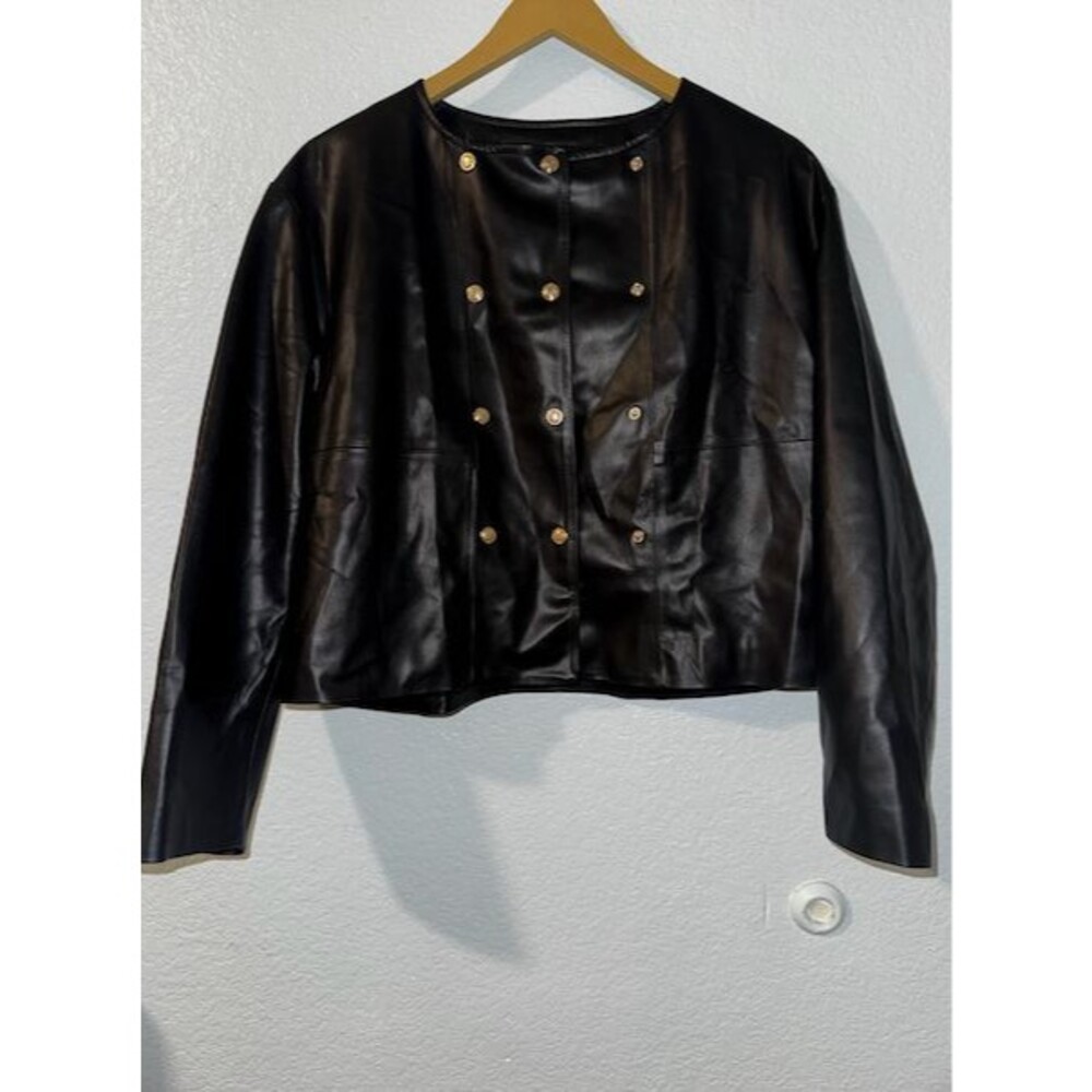 ZARA Black Faux Leather Round Neck Cropped Jacket Women's Size M Gold Button